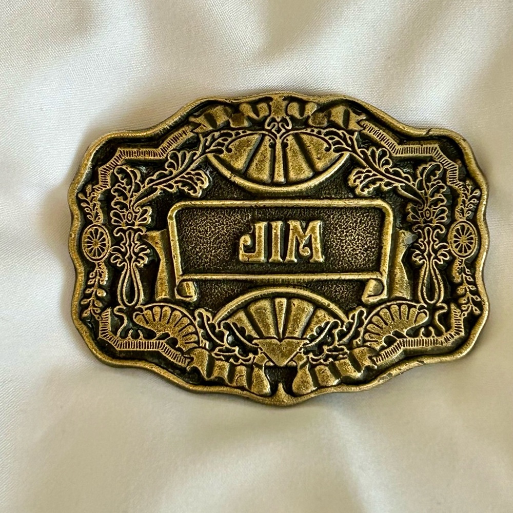 VINTAGE ODEN INC. ORNATE BRASS BRONZE BELT BUCKLE 1970'S WITH NAME "JIM"